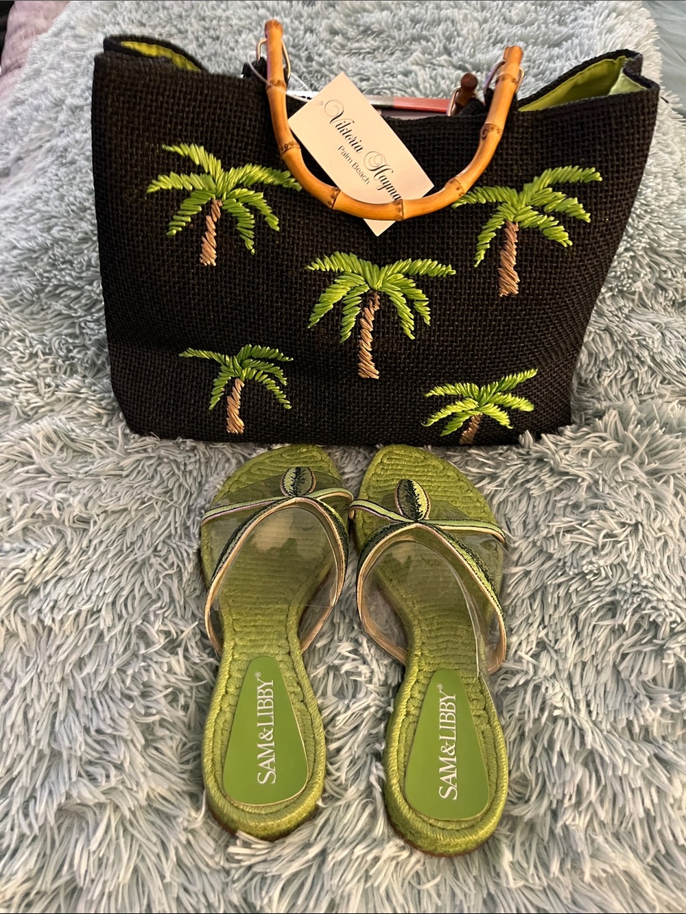 SAM & LIBBY NIB EMBROIDERED PALM TREE SANDALS 8 RARE FIND & BONUS BOUTIQUE TOTE